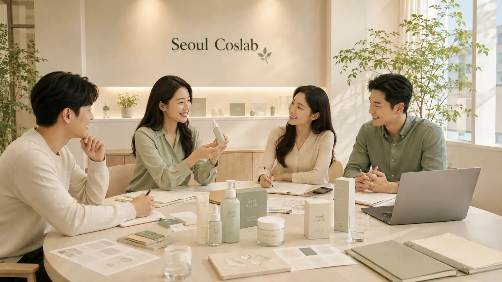 회의 탁자에서 스킨케어 샘플과 색상 카드를 살펴보는 네 사람