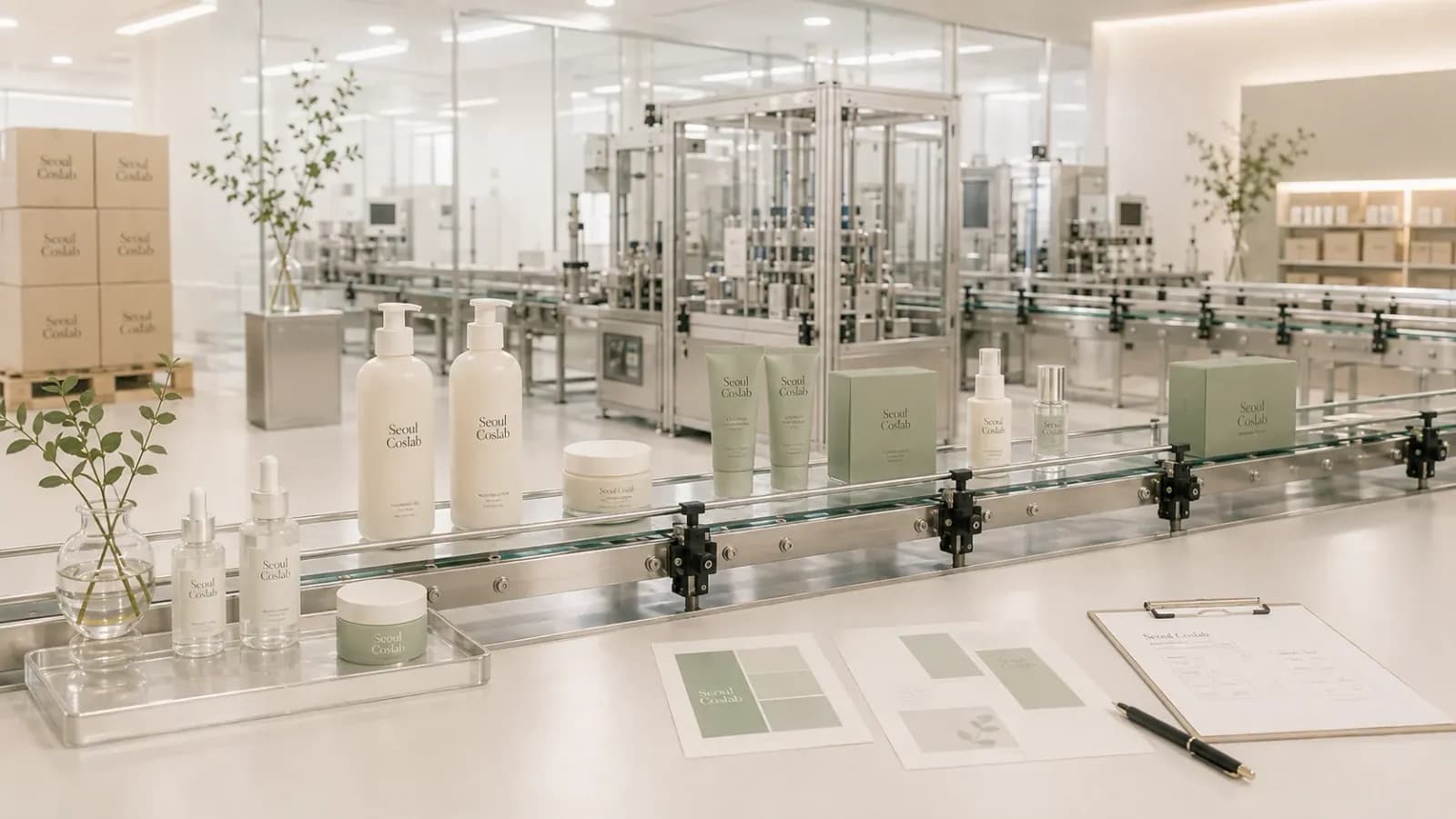 Skincare bottles moving along a filling line in a Korean cosmetics facility