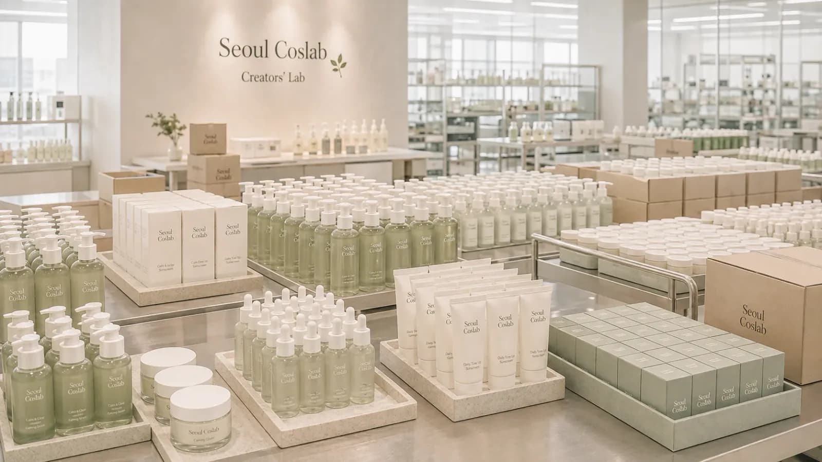 Trays of filled bottles, jars and tubes lined up across a production floor