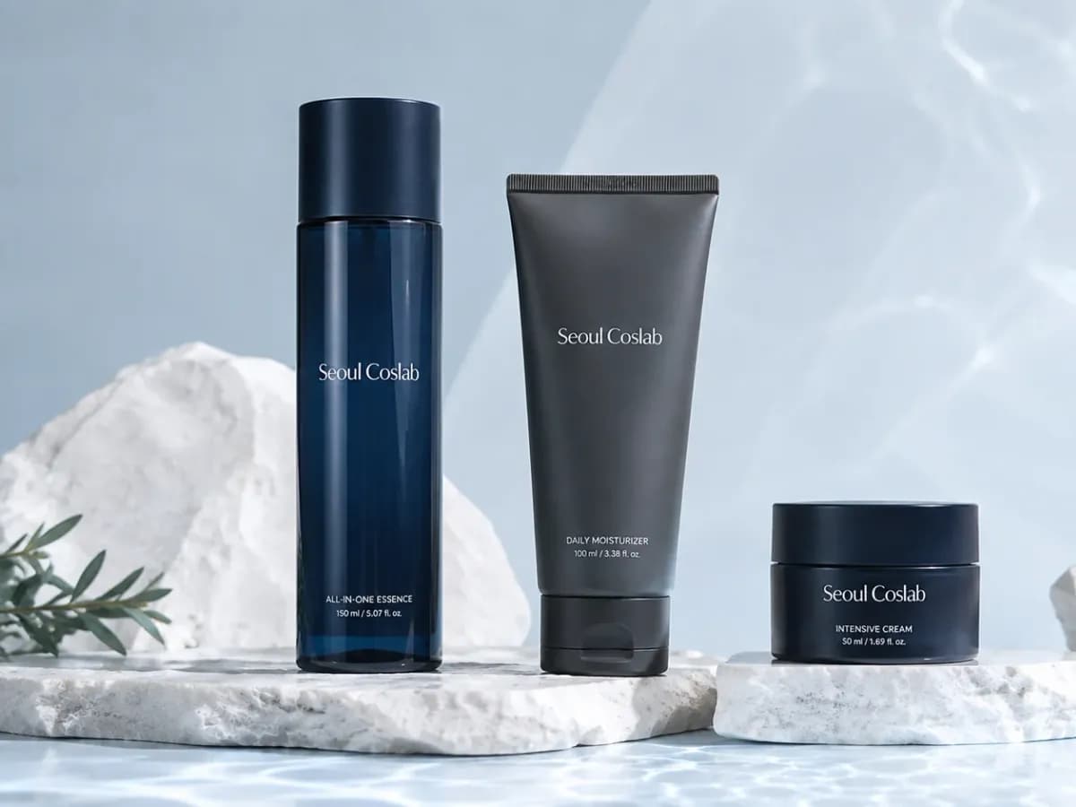 A navy essence bottle, moisturiser tube and cream jar on white stone plinths