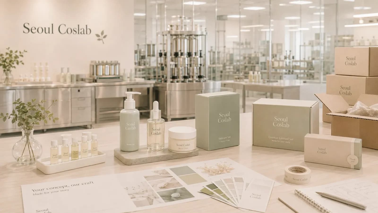 A cleanser, serum and cream with sample vials, concept sheets and shipping cartons