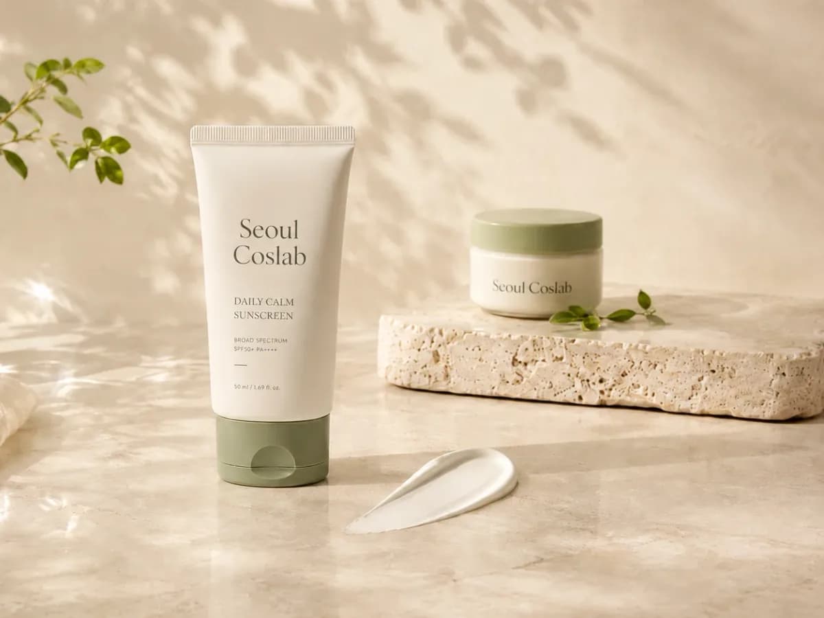 A sunscreen tube with a sage green cap beside a small cream jar on travertine