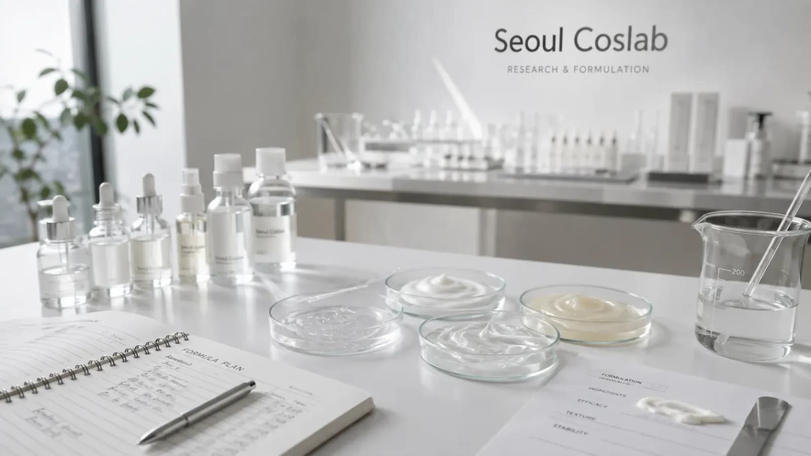 Serum bottles beside petri dishes of trial textures and a written formula plan