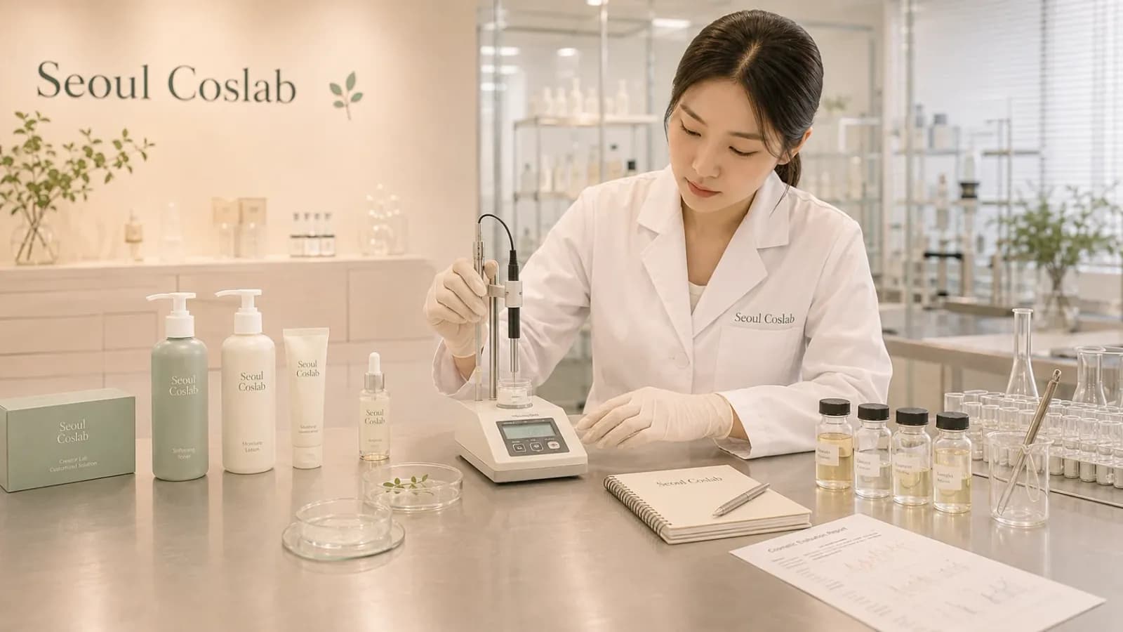 A technician taking a pH reading from a sample beside finished bottles and a log sheet
