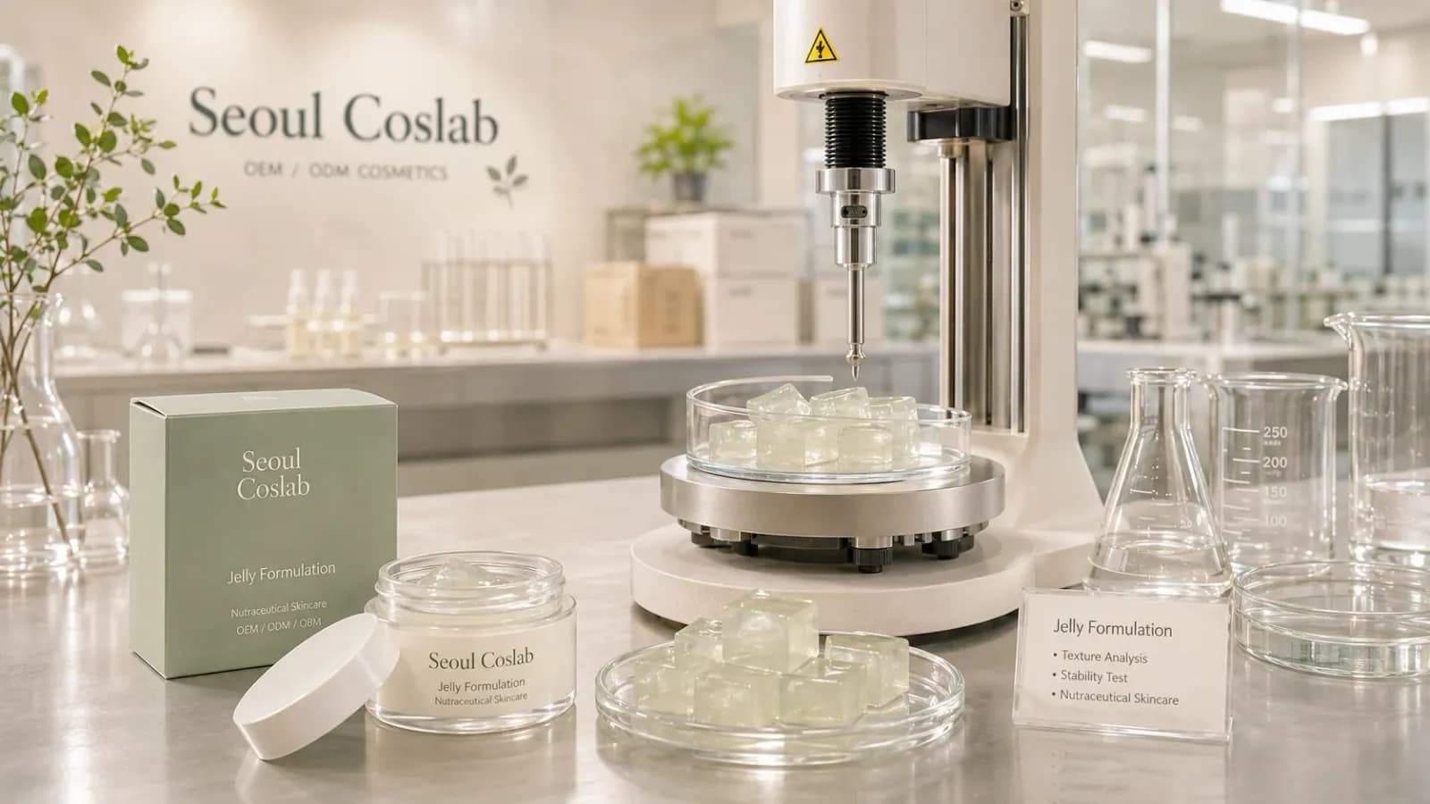 A lab stirrer over trial jelly formulations with spec cards and a product carton