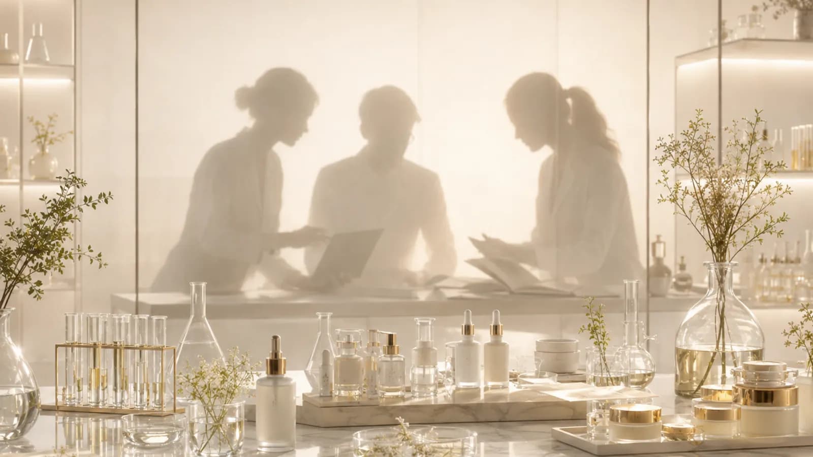 A long bench of sample bottles, jars and glassware with figures working behind it