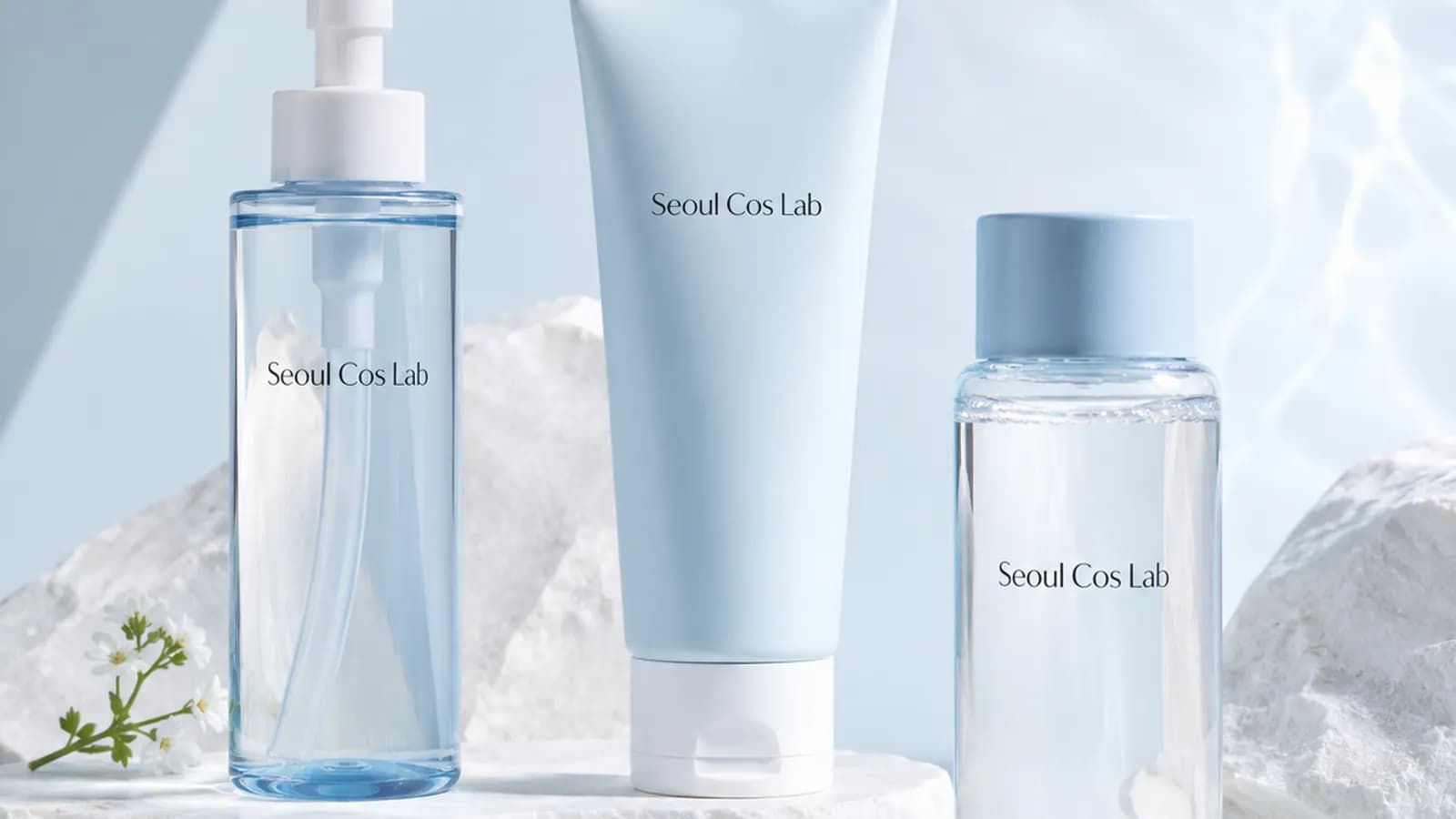 A short line of three blue cleansing products standing on pale stone in water