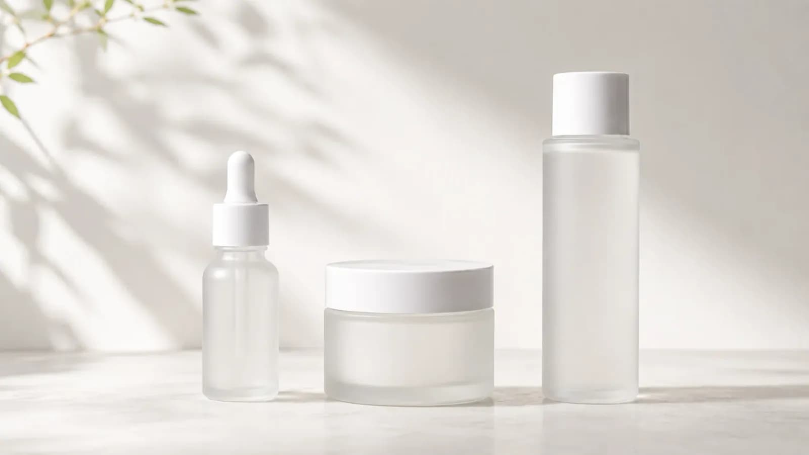 Unlabelled dropper bottle, cream jar and toner bottle lit by soft daylight