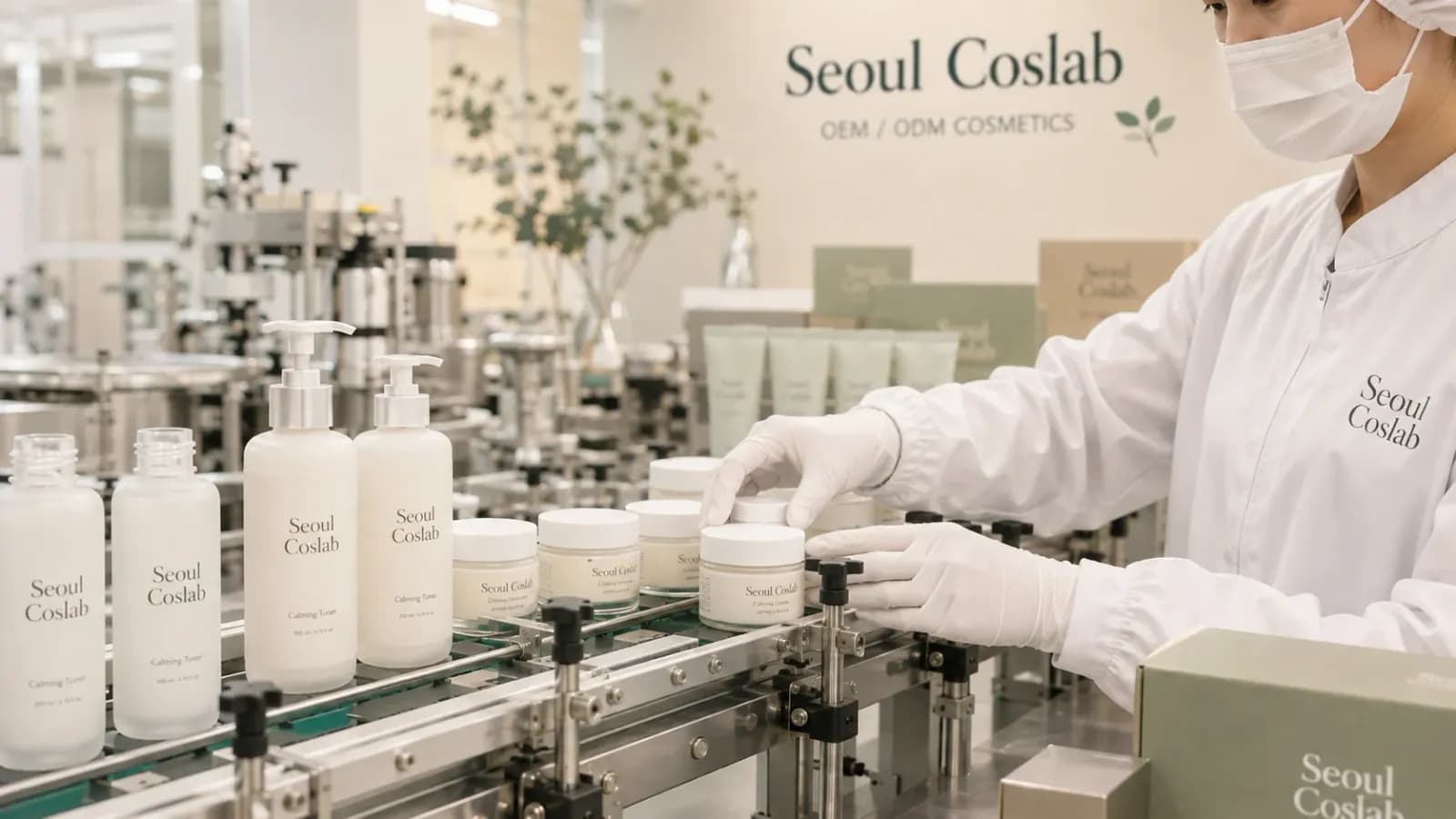 A gloved worker setting a cream jar onto a filling line beside filled bottles