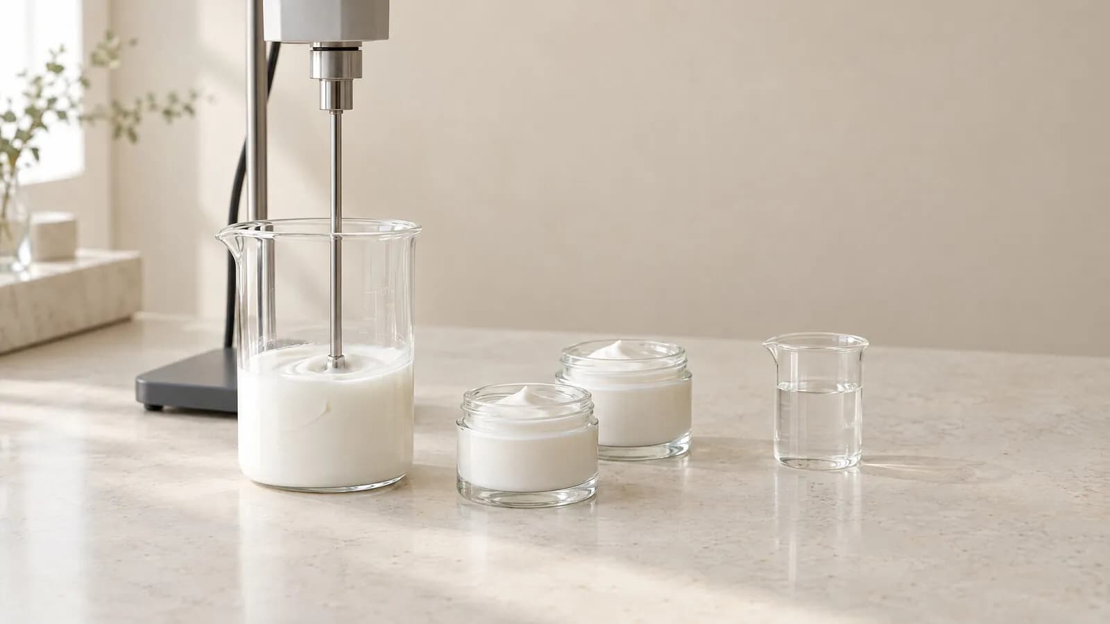 En laboratorieomrører blander hvid creme i et bægerglas på en lys stenbordplade, ved siden af åbne glaskrukker med creme og et lille bægerglas med klar væske