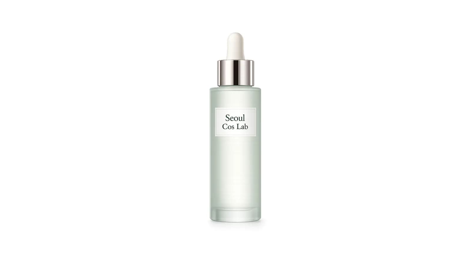 A frosted green glass serum bottle with a dropper cap on a plain backdrop