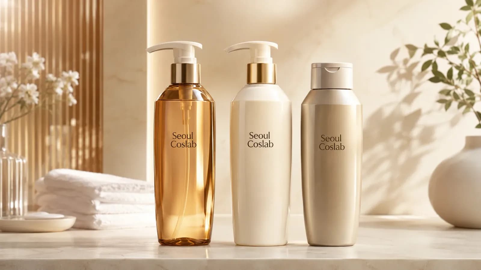 Three shampoo and conditioner pump bottles on a stone counter beside folded towels