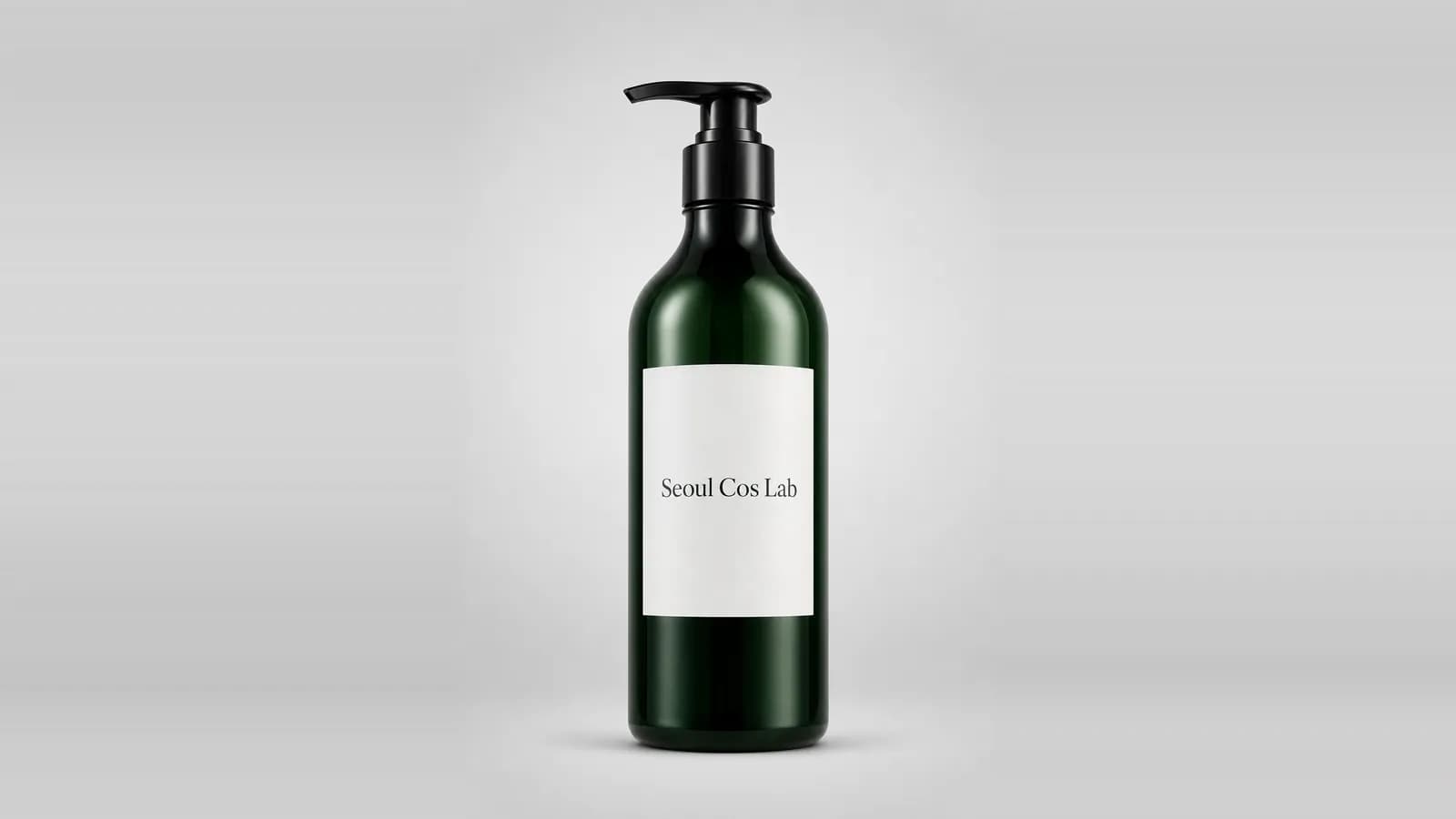 A tall dark green pump bottle with a paper label on a studio backdrop
