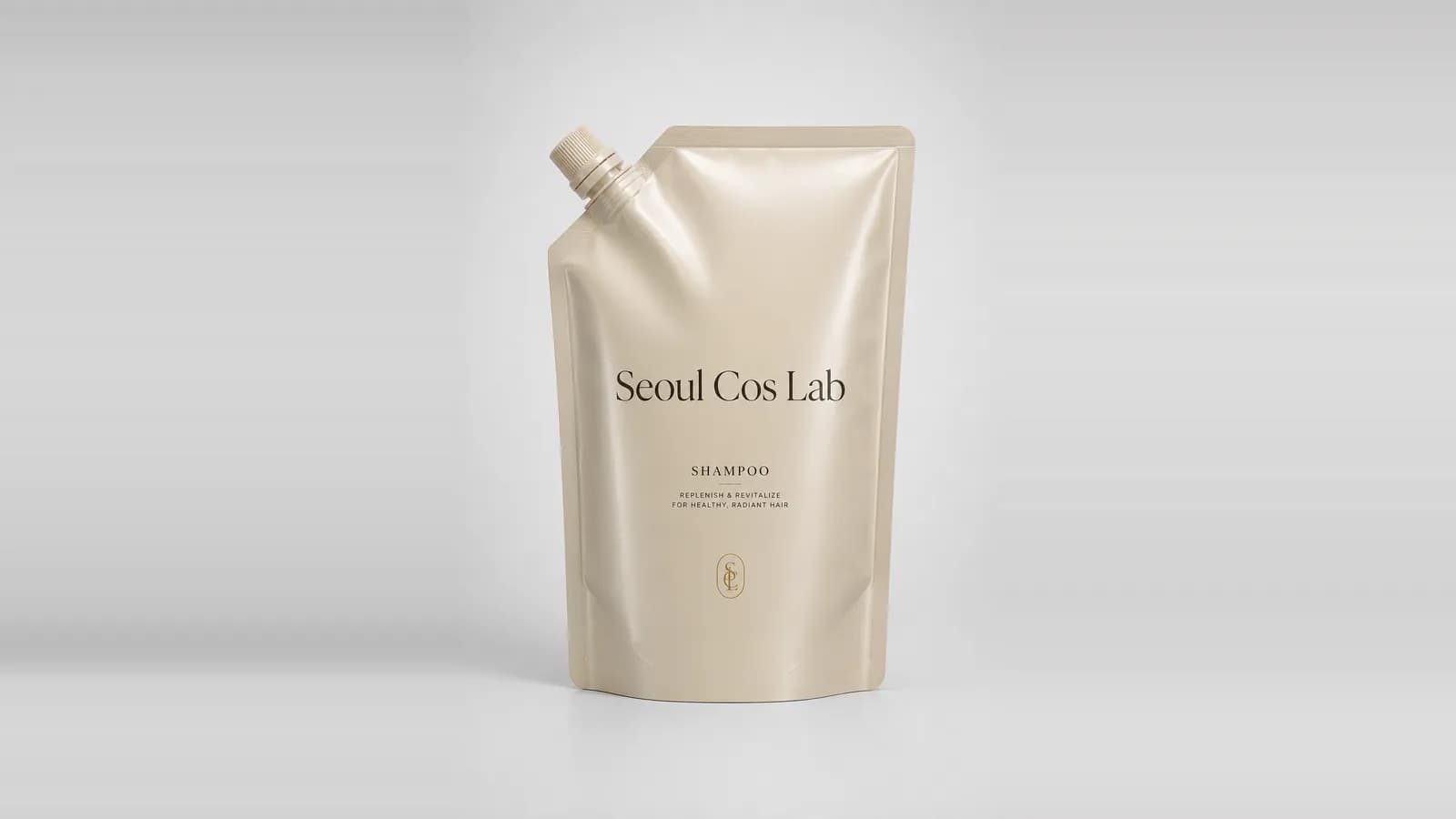 A stand-up shampoo refill pouch with a spout cap on a plain studio backdrop
