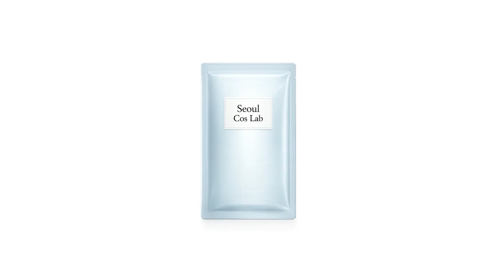 A sealed pale blue sheet mask sachet shown flat against a plain backdrop