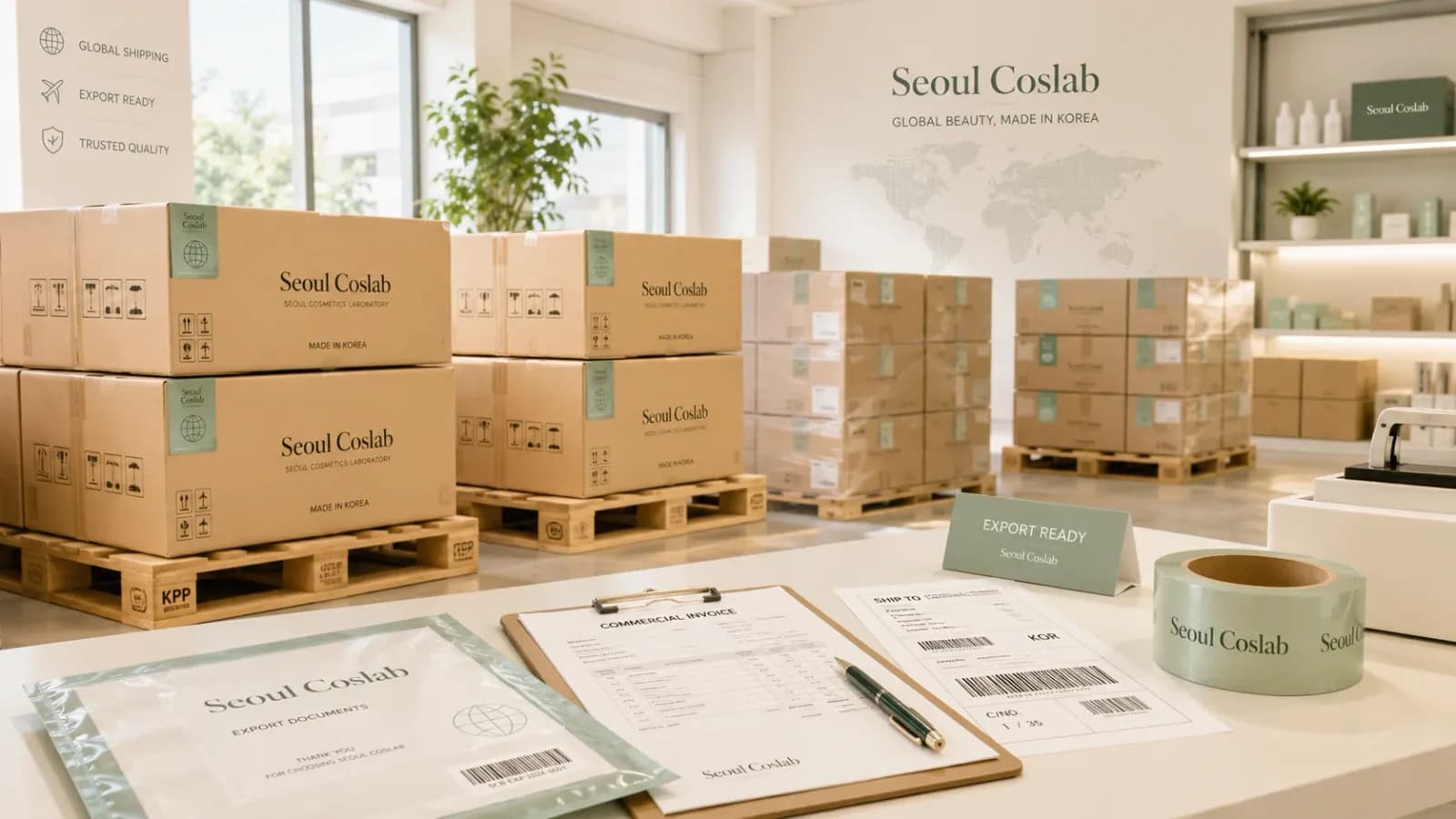 Export cartons on pallets beside a commercial invoice and packing documents